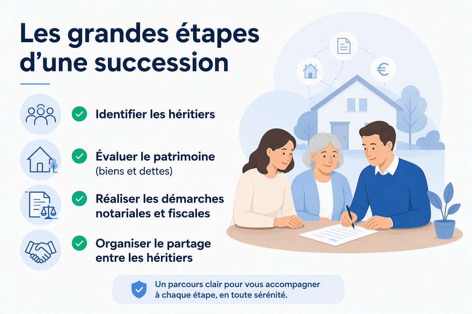 Les grandes étapes d'une succession : identifier les héritiers, évaluer le patrimoine (biens et dettes), réaliser les démarches notariales et fiscales, organiser le partage entre les héritiers